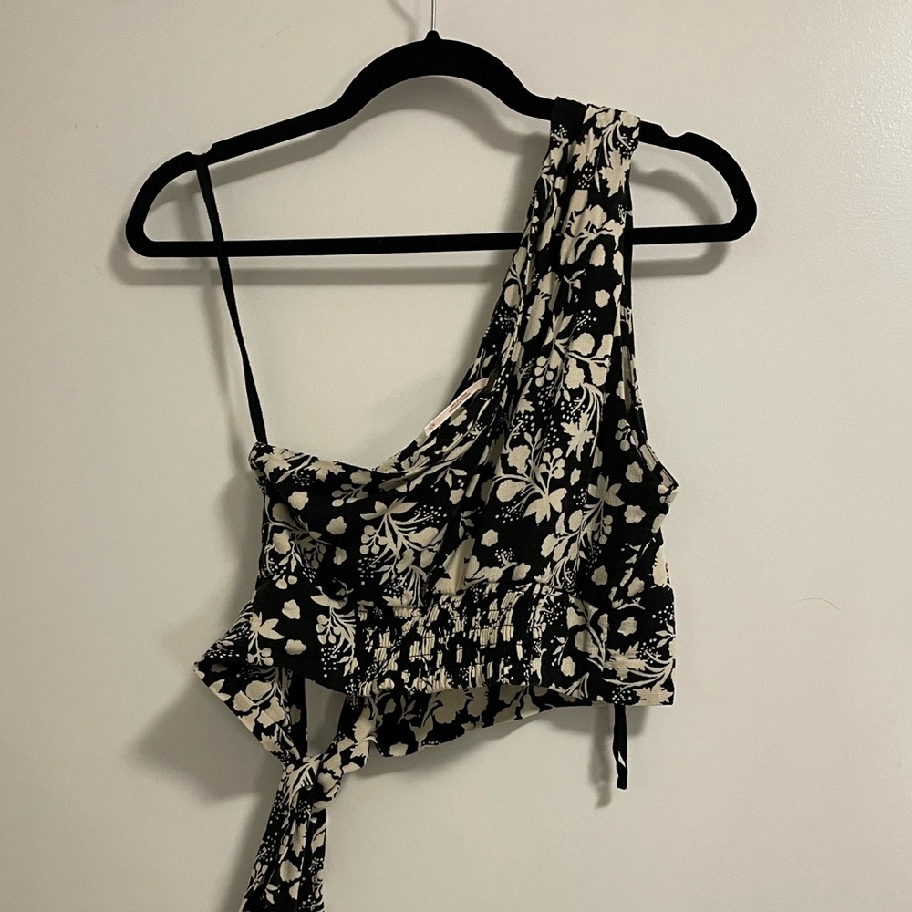 Free People one shoulder cropped, front tie floral top